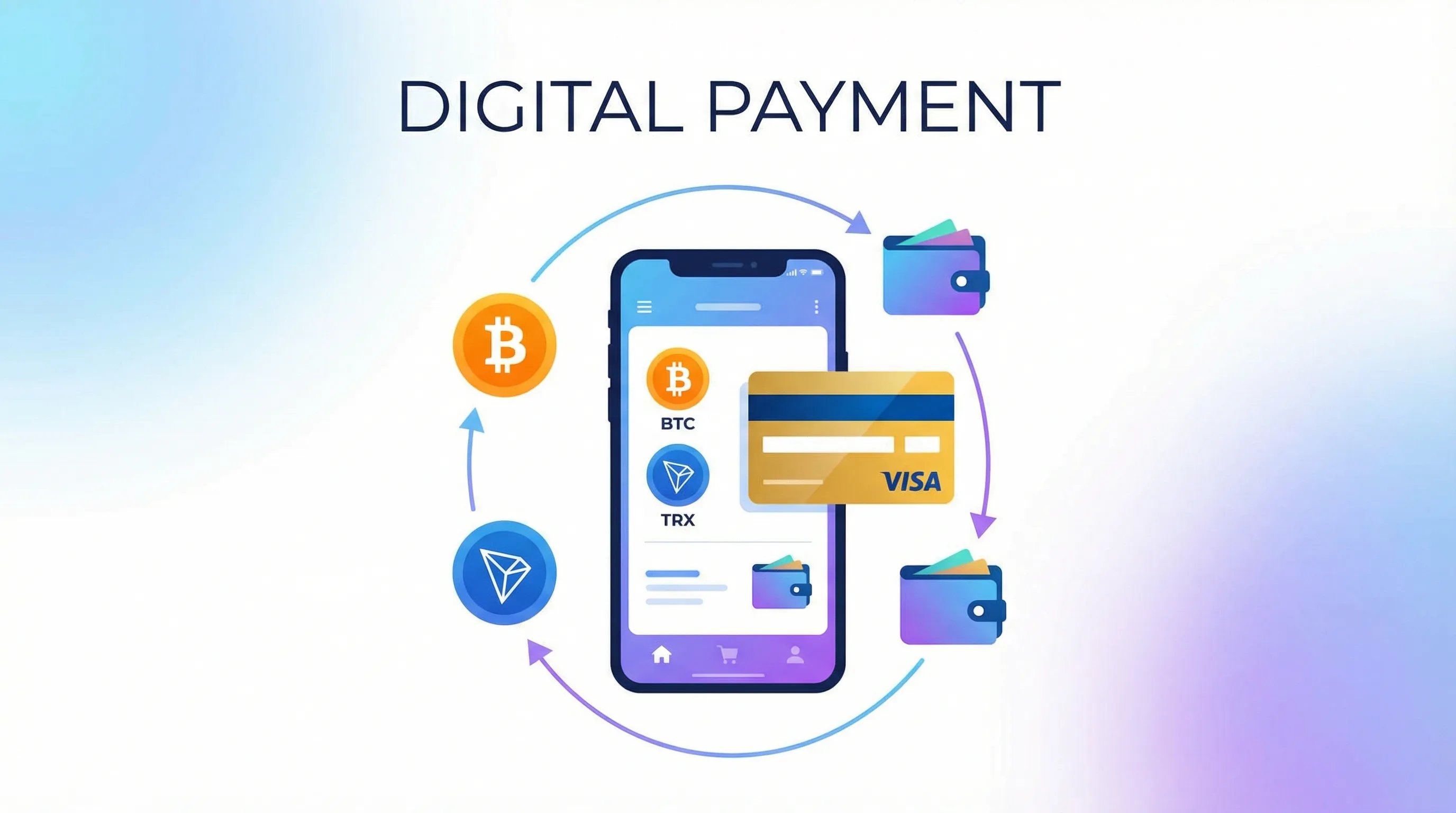 数字支付方式概览图包含TRX比特币Visa